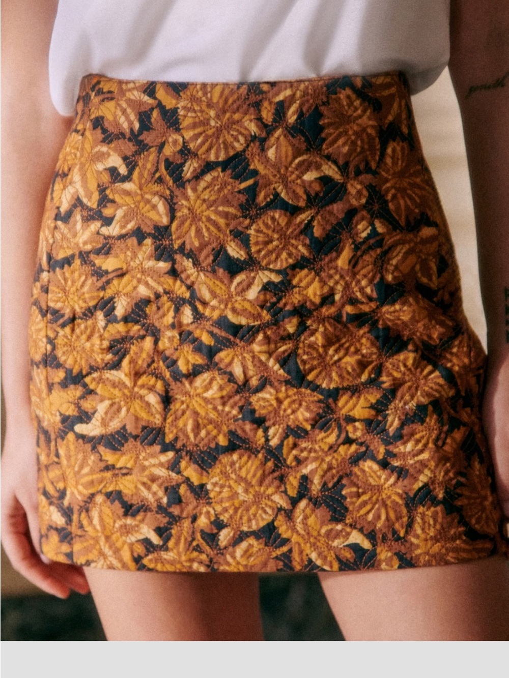 Sezane Mustard & Navy Floral Embroidered Mini Skirt
